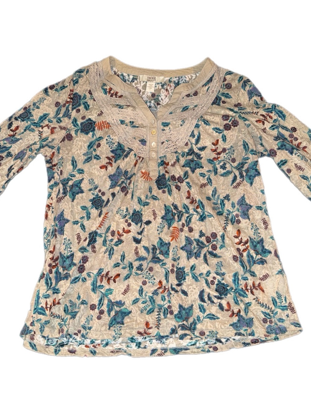 Vintage America Cream Floral Henley with Teal & Rust Accents